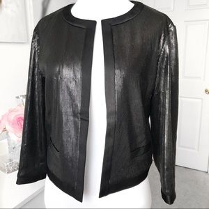 Ann Taylor Black Sequins Satin Trim Cropped Blazer 3/4 Sleeves Size Small